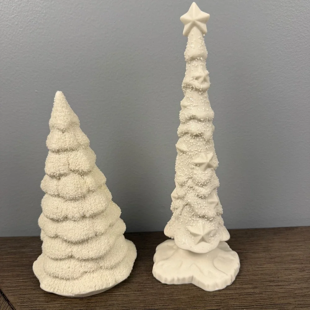 Dept 56 White Ceramic Christmas Tree Set Star Topper Glitter Snow Dusted 2pc